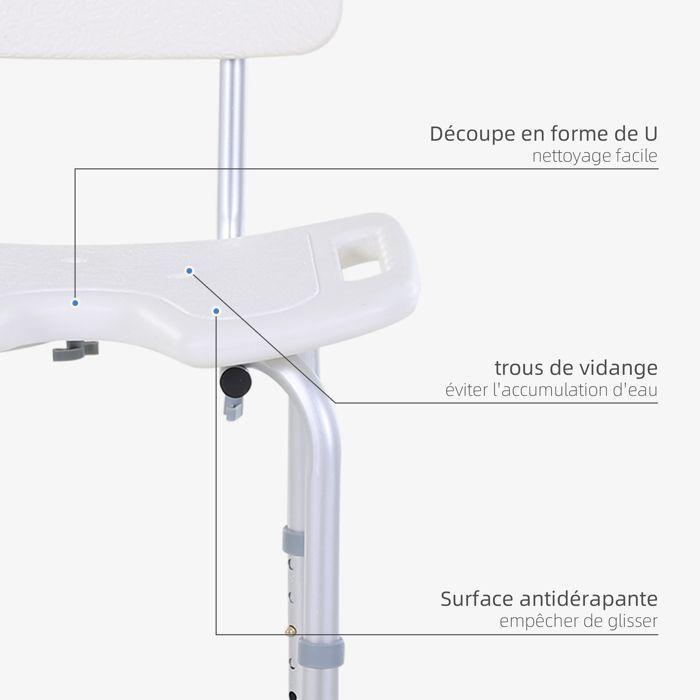 Silla de ducha - HOMCOM - ergonómica - altura regulable - patas antideslizantes - carga máxima 136 kg - aluminio HDPE - blanca