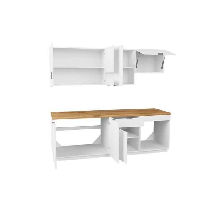Cozinha completa - Com bancada de 200 cm - Branco e Natural - CARMEO