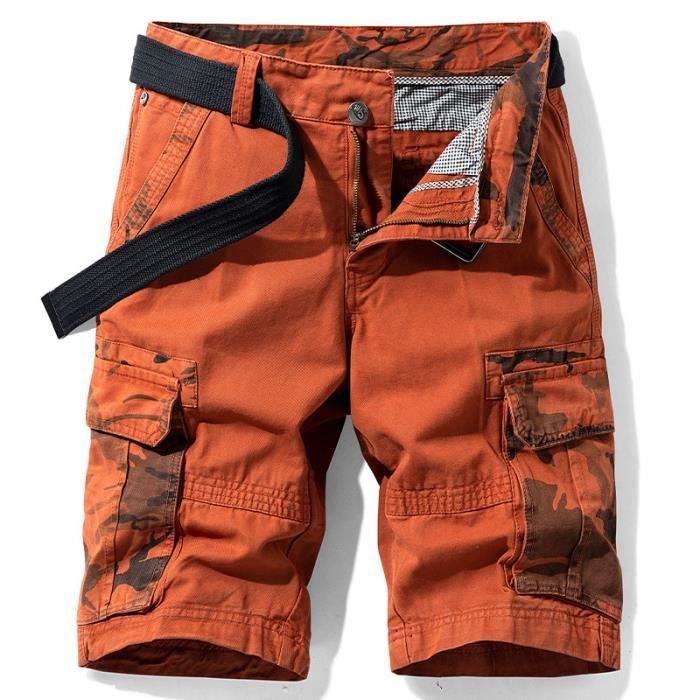 Men's Cargo Bermuda Shorts in Cotton, Straight Cut, Standard Waist, Multi-Pocket Camouflage, Belt Not Included - Orange