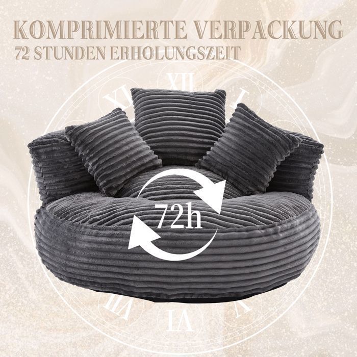 Pouf poire confortable avec trois coussins 108 x 108 x 52 cm Lazy Canapé pour salon, chambre Fauteuil Velours côtelé Gris foncé