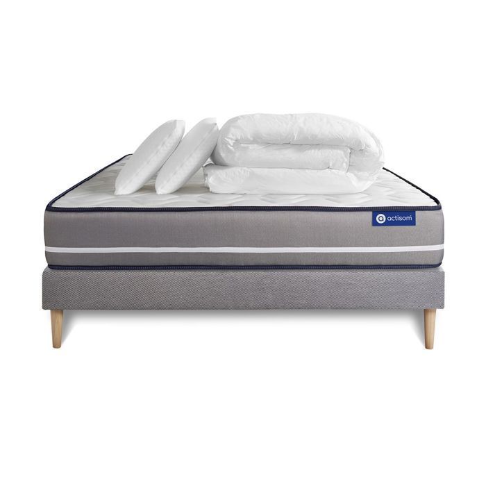 Juego completo de cama de 200x200 cm: colchón + base de cama gris (requiere montaje) + 2 almohadas + edredón - Actilatex PU