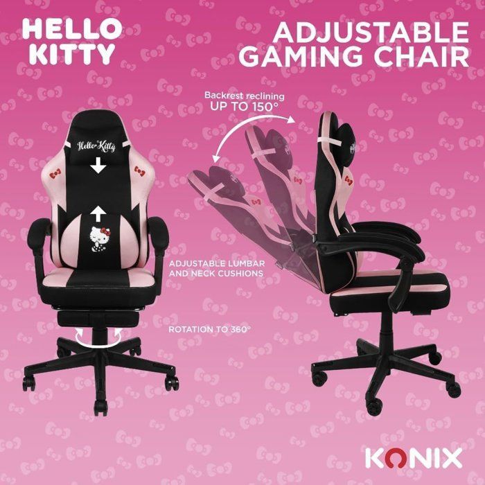 Chaise de Bureau Gaming - KONIX - Hello Kitty - Inclinaison siège 150° - Revêtement Tissu - Coussin - Repose-pieds - Noir et rose