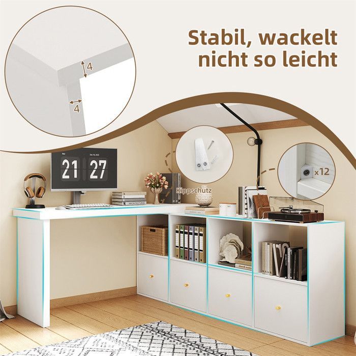 Reversible L-shaped corner desk, 4 shelves, 120 cm desk with storage and 4 drawers, desk for bedroom, studio, white
