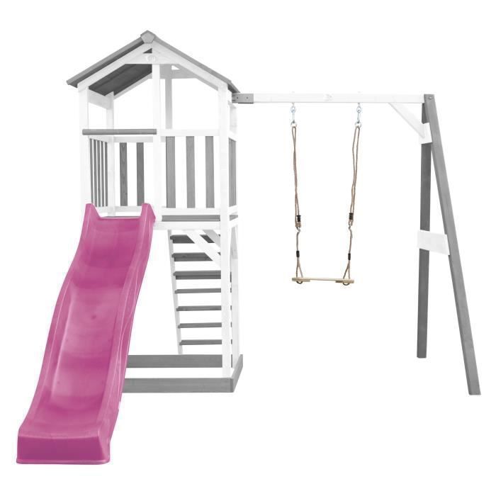 Área de juegos AXI Beach Tower con tobogán en color morado, columpio y arenero | Casita de juegos grande para exteriores en color gris y blanco