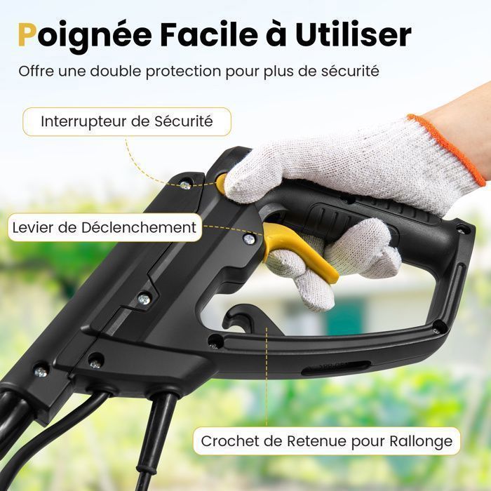 Motobineuse Motoculteur 1200W COSTWAY-Largeur 32cm,Profondeur 22cm-Interrupteur de Sécurité-Capot-4 Fraises-Poignée Pliable-Jaune