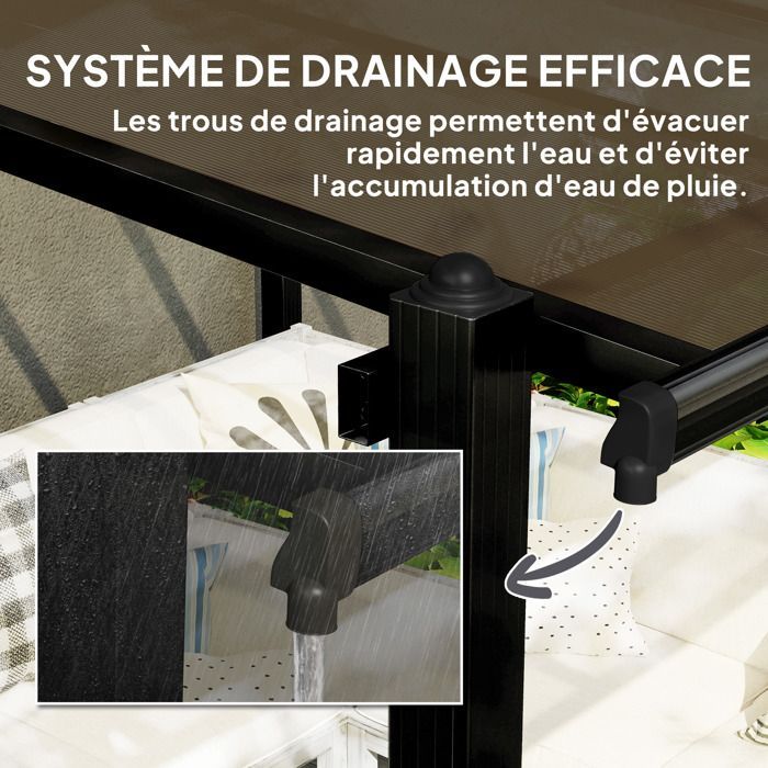 Pérgola de jardín exterior - Outsunny - 3 x 3 m, aluminio - techo de policarbonato impermeable y sistema de drenaje - gris