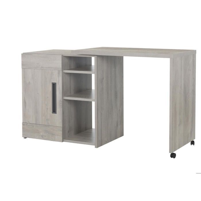 Barra giratoria con efecto de madera de roble gris claro, ruedas y estantes.
