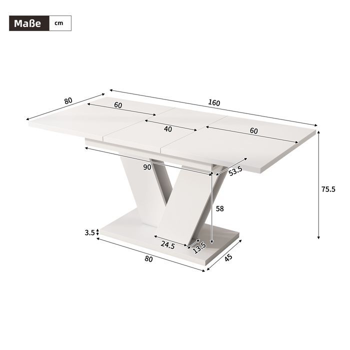 Mesa de comedor extensible de 120/160 x 80 x 75 cm, patas en forma de V, estilo sencillo, apta para 4 a 6 personas, color blanco.