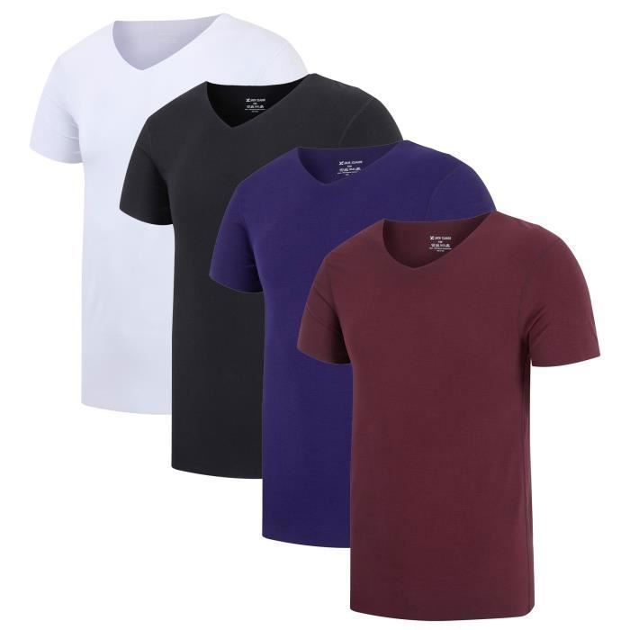 Confezione da 4 t-shirt da uomo a maniche corte con scollo a V, elasticizzate, vestibilità slim, estive, tinta unita - Bianco/Nero/Blu/Rosso