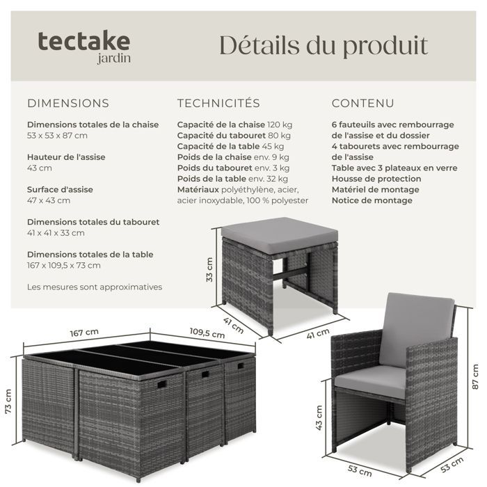 Muebles de jardín - TECTAKE - MALAGA - Conjunto de comedor exterior plegable y apilable para 10 personas en ratán con funda - Gris