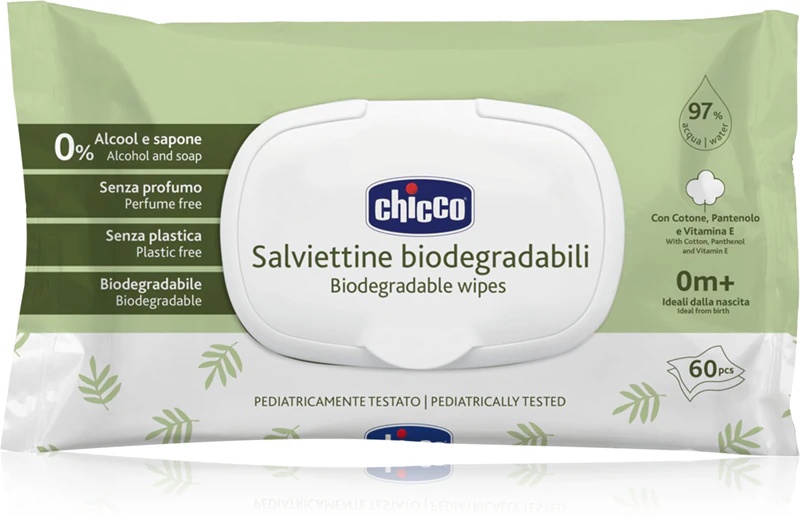 Chicco bioloģiski noārdāmās bērnu salvetes, maigas mitrās salvetes mazuļiem