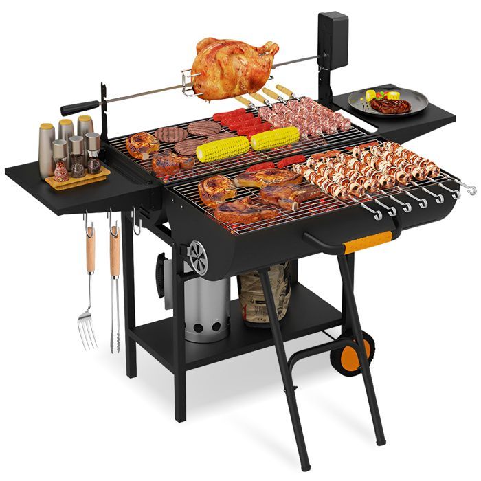 Barbecue Portable à Charbon de Bois avec Couvercle, 3 en 1 Chariot à Barbecue avec Grille à Poulet, pour Camping, Jardin, Balcon