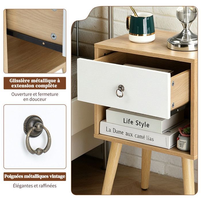 Mesa de cabeceira com gavetas e compartimento aberto - ALIGHTUP - Estilo moderno, carvalho e branco