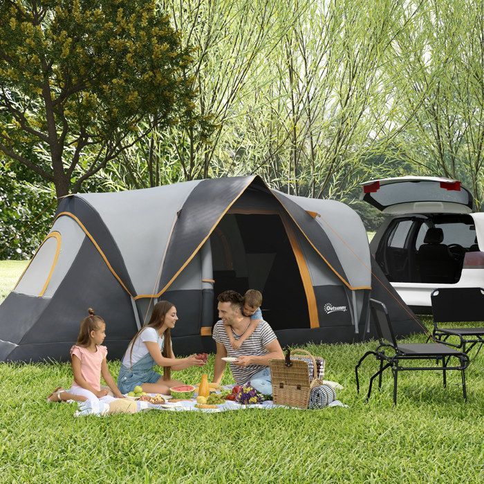 Tienda de campaña familiar Outsunny para 5-6 personas - Impermeable, ligera, ventilada, fácil de montar - Puerta, 2 ventanas - Gris claro