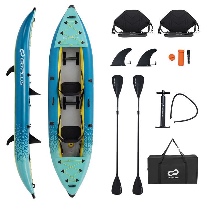 Kayak hinchable COSTWAY para 2 personas, 381x94x40cm - 2 remos de aluminio, 2 aletas desmontables, kit de reparación - Bomba de mano - 230 kg - Verde