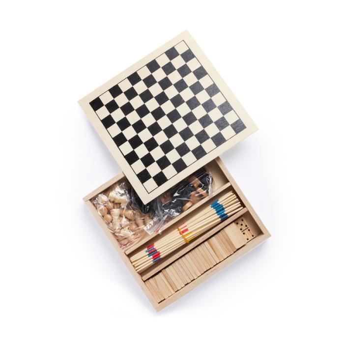 Boite de jeux de societe à personnaliser - Malette de jeux de societe classique avec Mikado, Echecs, Dames & Dominos [Jeux en bois]