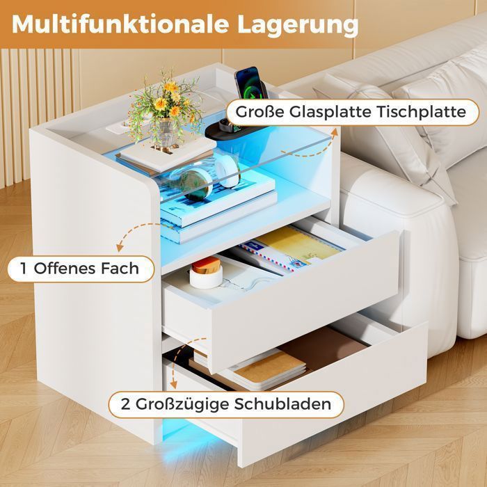 Set of 2 Bedside Tables 40×35×60cm with Glass Top, 2 USB Ports and Sockets, Adjustable LED, 2 Drawers, White