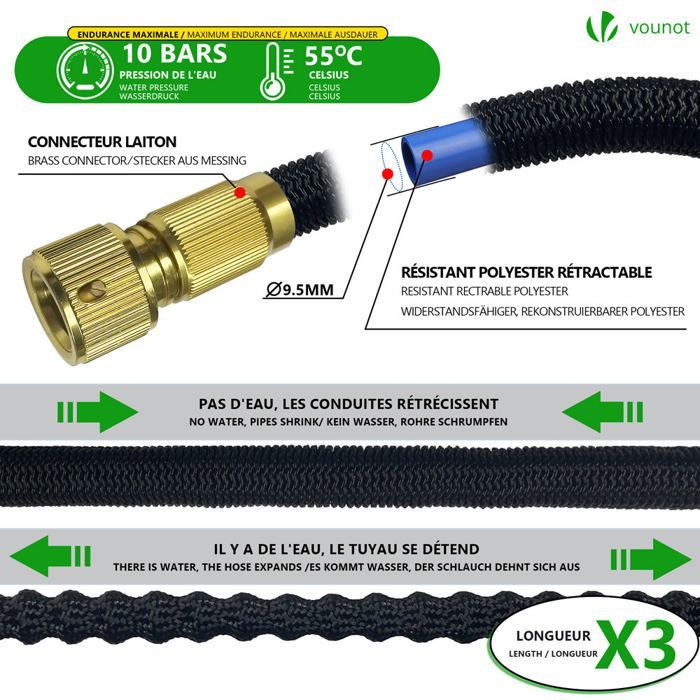 Manguera de jardín extensible reforzada VOUNOT® de 15 m, color negro - 10 modos - Conector y bolsa de almacenamiento incluidos - Flexible y a prueba de fugas
