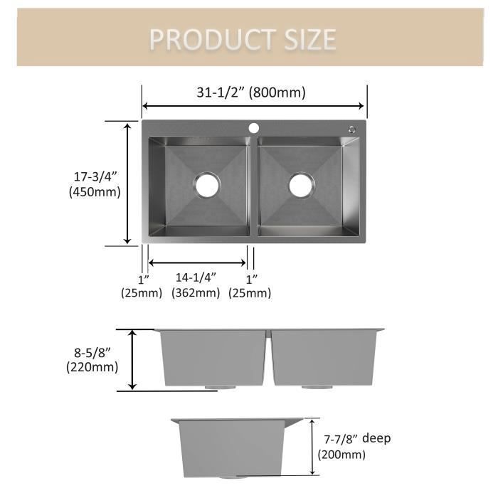 Fregadero de cocina doble de acero inoxidable MEJE, 80 x 45 x 22 cm, con orificio para grifo.