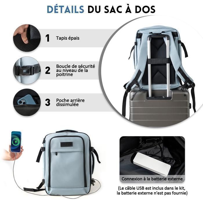 Bolsa de viaje con compresión al vacío - 47 × 33 × 20 cm - Mochila multibolsillos - Impermeable - 35 L - Equipaje de cabina - Azul