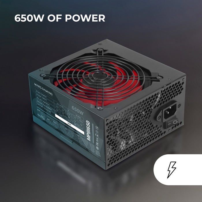 Mars Gaming MPIII650, 650W ATX pc-voeding, 5 jaar garantie, AI-RPM stille technologie, 85% rendement, zwart