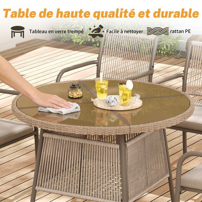 Modern rattan garden set – Round glass table + 4 armchairs, iron frame, for patio or balcony – BROWN