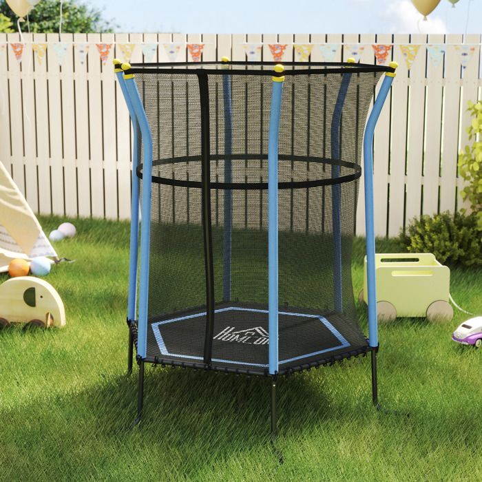 Cama elástica infantil - HOMCOM - Ø 1,63 x 1,9 m, rede de segurança, porta com zíper, 6 postes - aço - azul/preto