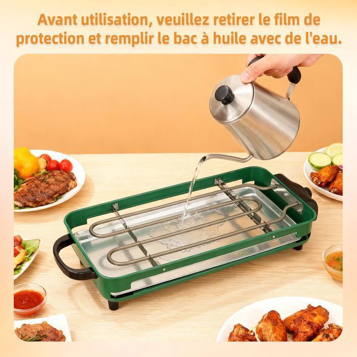Plancha eléctrica multifuncional con termostato ajustable, bandeja recogegrasa, placa antiadherente y parrilla metálica para barbacoa - 46 x 22 cm
