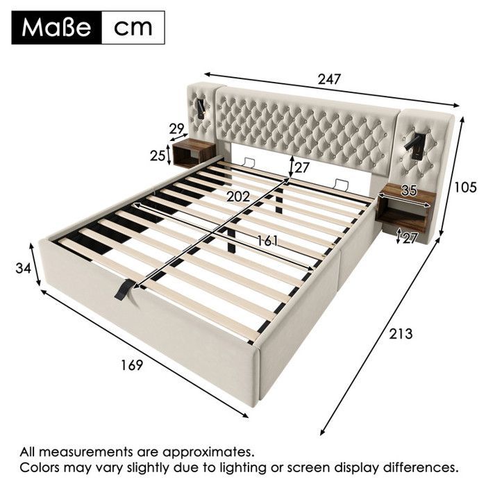 Conjunto de quarto - Veludo bege - Cama de casal 160x200 cm - Armário hidráulico - USB