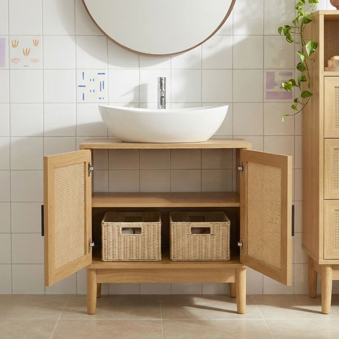 Mueble de baño AMANA con efecto roble y estructura de ratán, 60 cm de ancho - Madera