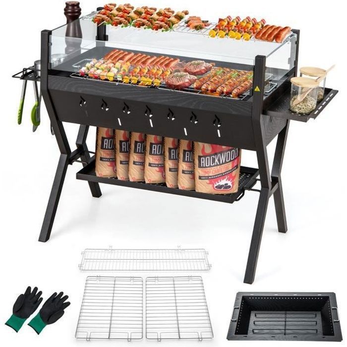 COSTWAY Multifunctional Outdoor Fire Pit with Stainless Steel Barbecue, Storage Shelf, 98 x 42 x 68 cm