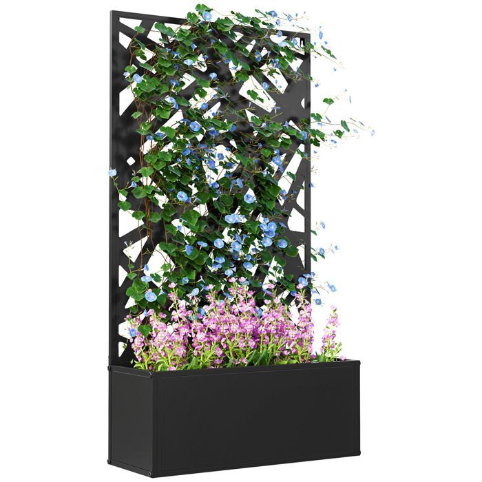 Macetero con pantalla de privacidad/enrejado - Outsunny - Caja de flores - Dimensiones: 61 cm de largo x 23 cm de ancho x 113 cm de alto