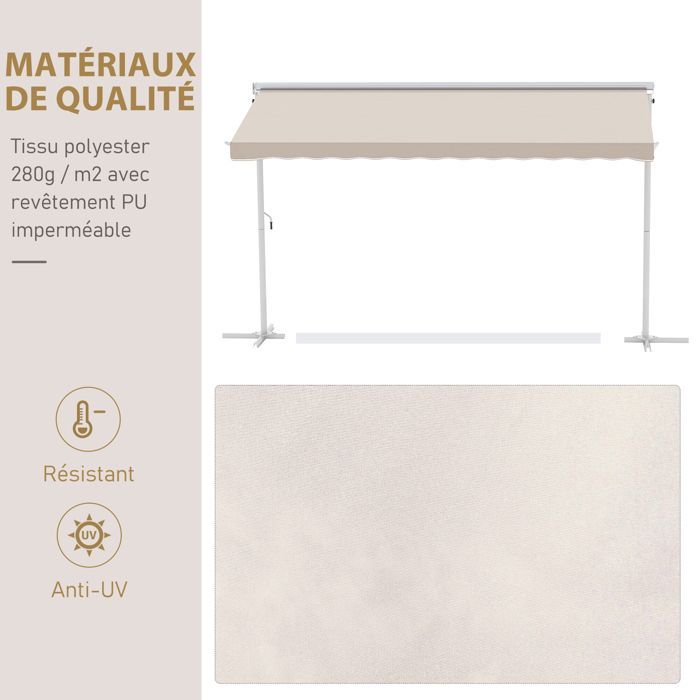 Toldo doble inclinado de 4 x 3 m, retráctil manual, con inclinación ajustable, color blanco, metal recubierto de epoxi, poliéster impermeable, resistente a los rayos UV y color beige.