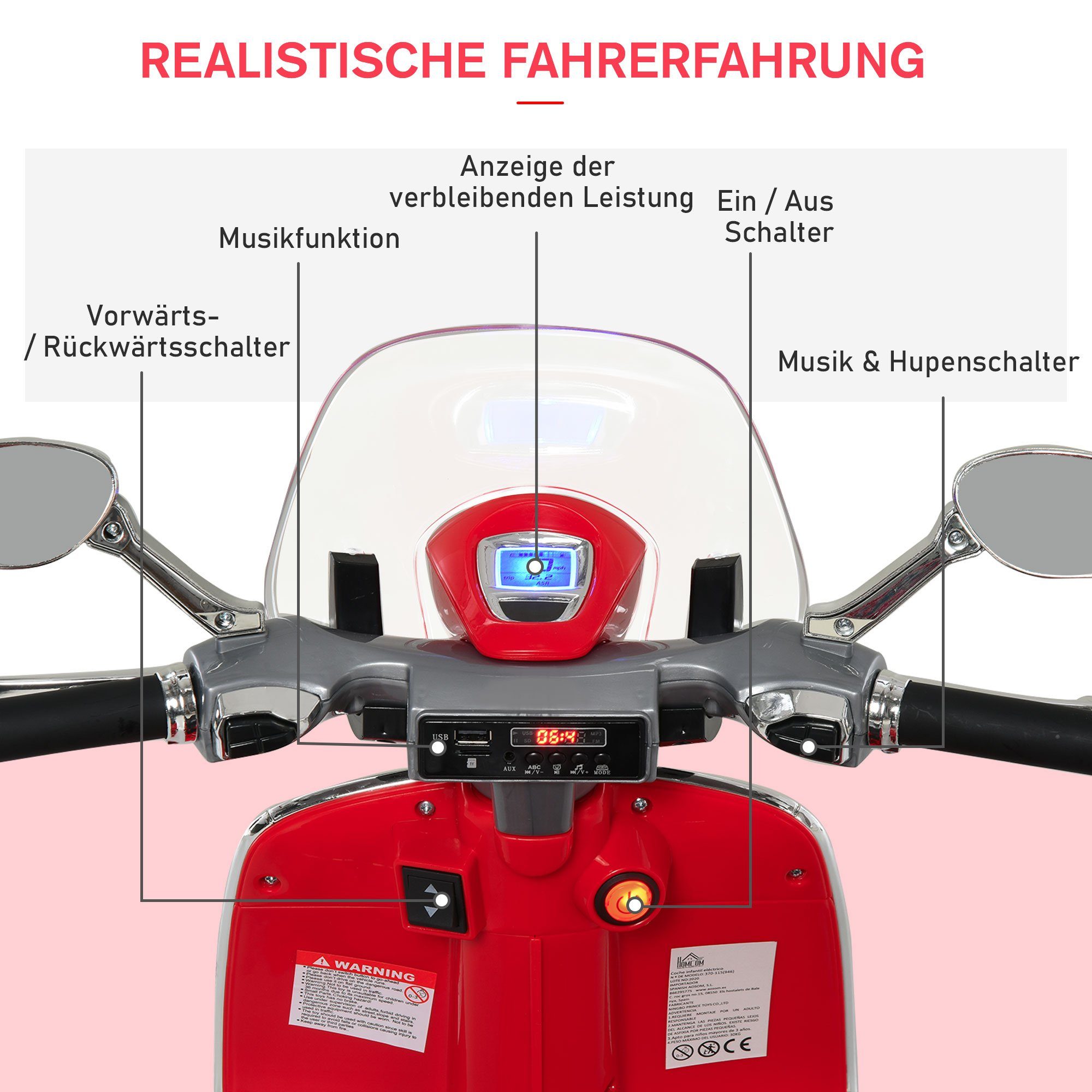 HOMCOM elektrische kindermotor met MP3-speler en verlichting, 3-6 jaar, PP, wit, draagvermogen 30 kg, (1 stuk), 108L x 49B x 75H cm