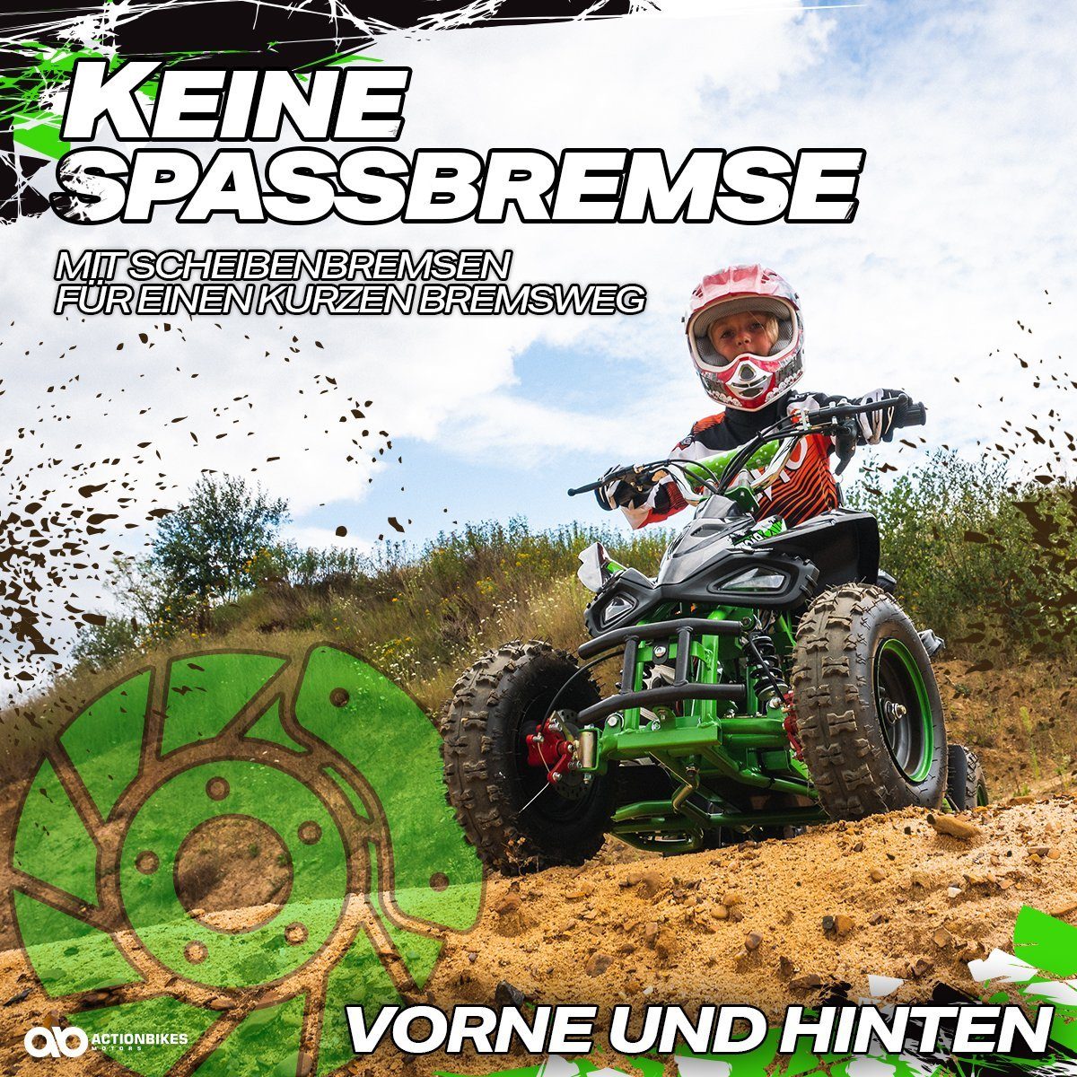 Actionbikes Motors Elektrisches Kinderquad Mini Kinder Elektroquad Racer 1000 W 36 V, Tragfähigkeit 50 kg, (1 Stück), bis zu 50 kg - Scheibenbremsen - Safety Touch System Fußschalter