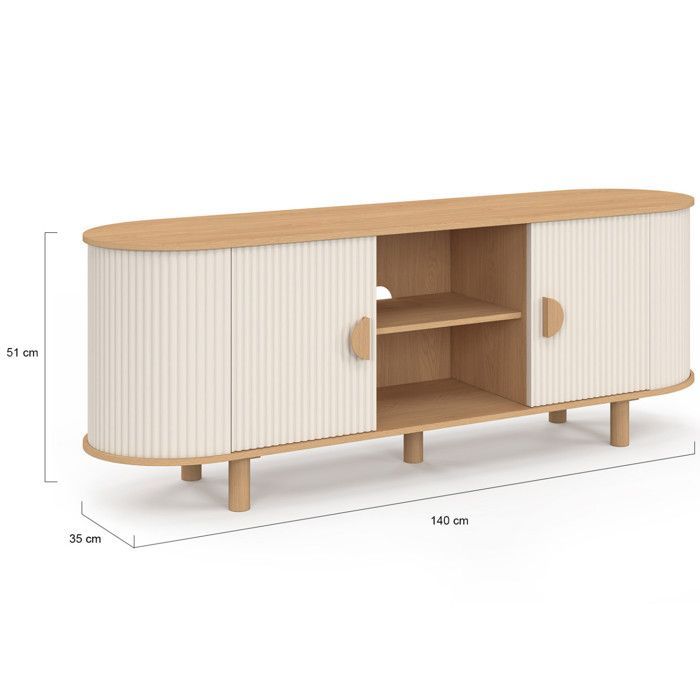 Mobile porta TV IDMARKET KANEL da 140 cm con 2 ante, finitura beige scanalata e legno.