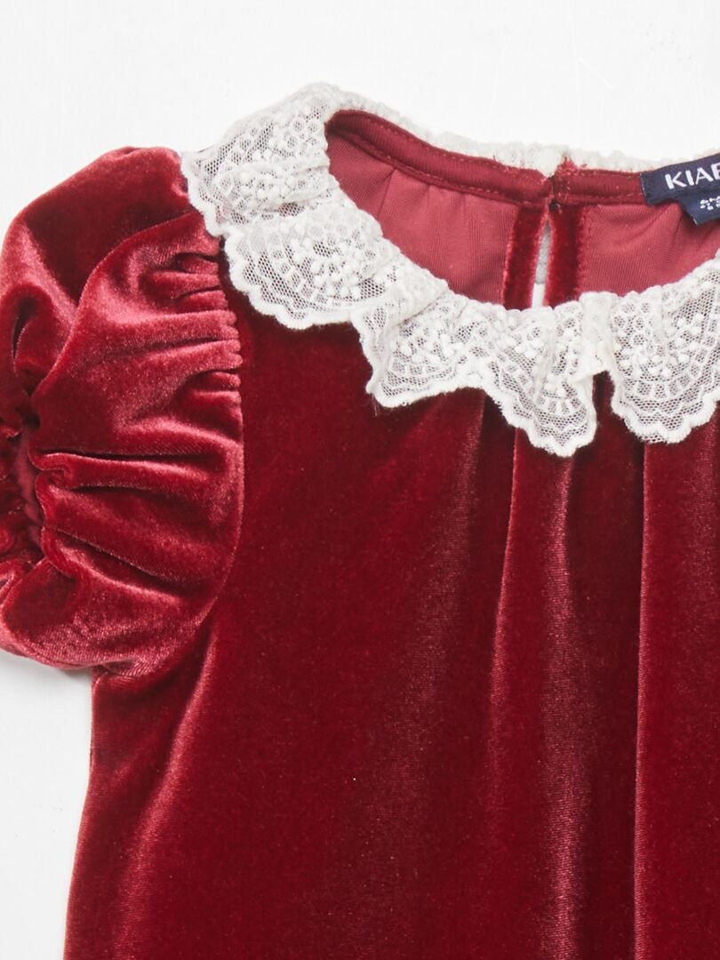 Vestido de veludo com gola de tule bordada - VERMELHO