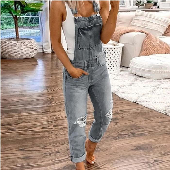 Jeans Femmes - FUNMOON - Bretelles Déchirées Lavées - Coupe Ajustée - Gris