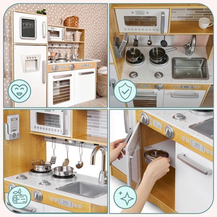 Cocina de juguete de madera con luces LED Mamabrum para niños, 93x30x83 cm - con nevera, microondas, vitrocerámica, utensilios y delantal - para niños de 3 años en adelante