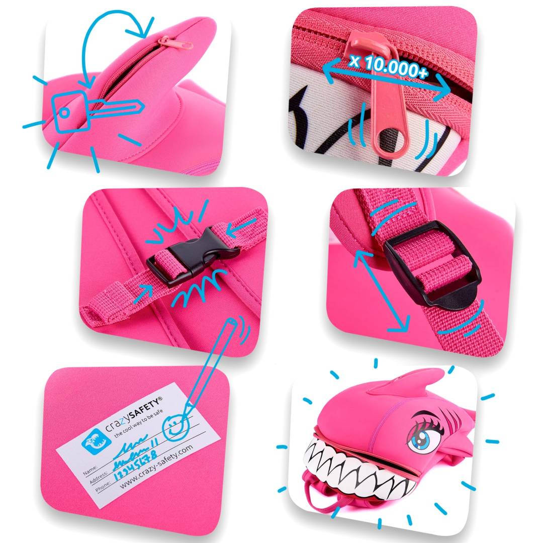  Mochila Para Niños | Tiburón Rosa| Őrült biztonság | Homologada Y Certificada