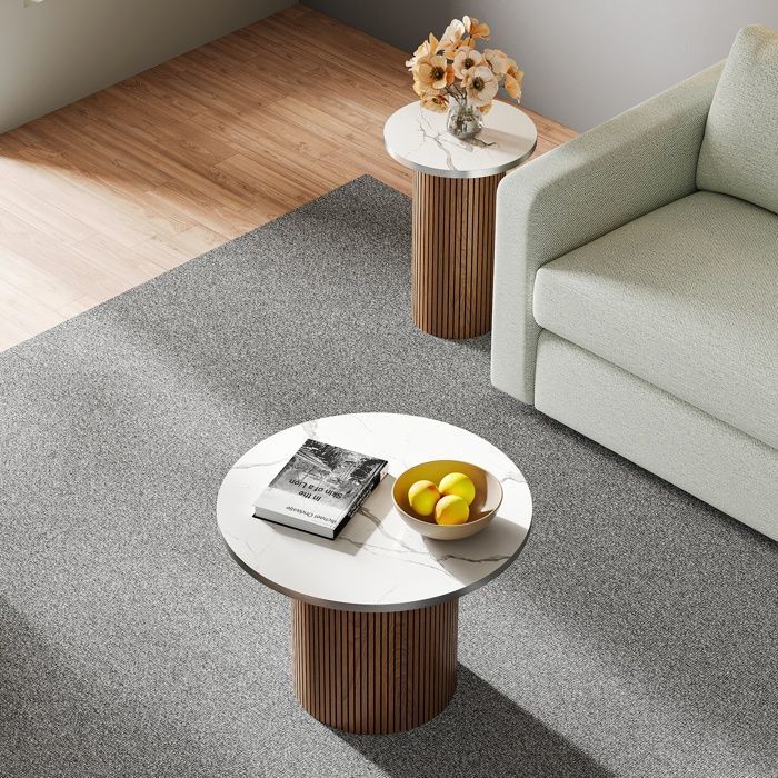 Round Coffee Table Set of 2 Marble Veneer Side Table Modern Minimalist Style 50x35+32x48cm Walnut