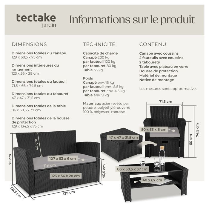 Garden furniture - TECTAKE - MODENE outdoor lounge set for 4 to 6 people with table and removable covers - Black/Grey