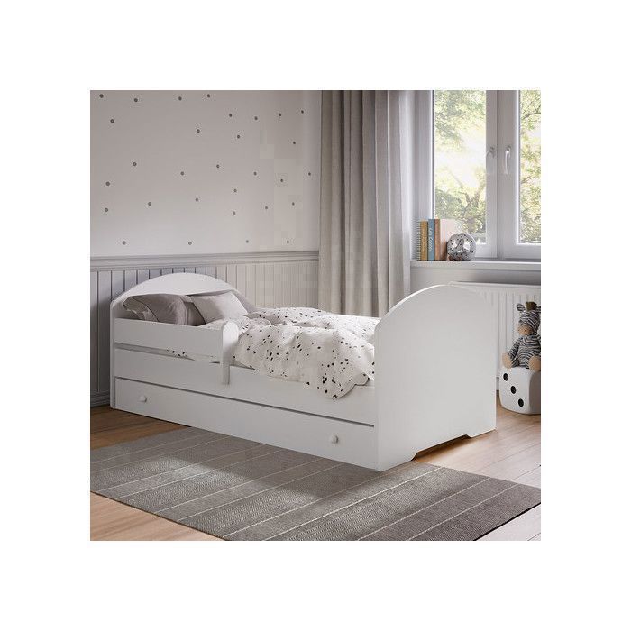 Cama infantil LUK blanca de 70x140 cm con barandilla, somier de láminas y cajón – cama para niñas y niños.