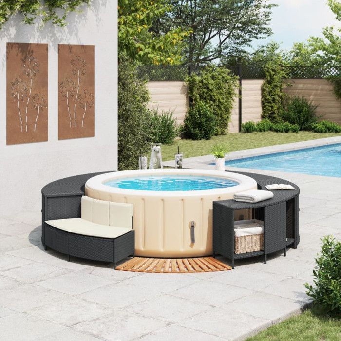 Estructura de mimbre de resina negra para jacuzzi, madera maciza de acacia.
