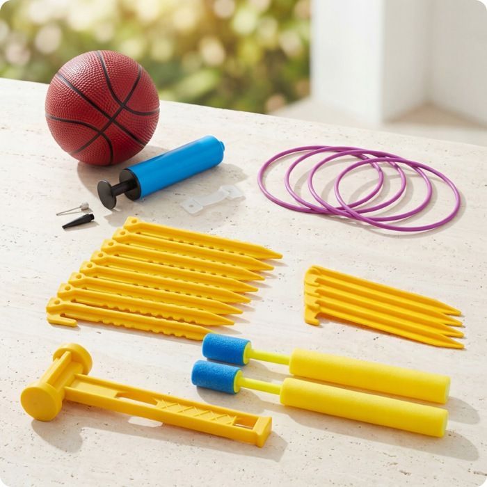 Area giochi gonfiabile KINDI con scivolo acquatico, cestino giochi, soffiatore e grande castello da giardino.