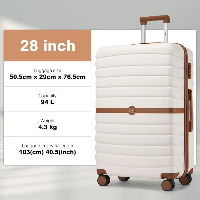 Maleta de viaje grande Kono de 76,5 x 50,5 x 29 cm, ABS+PC, carcasa rígida con 4 ruedas y cerradura, carrito de viaje, 94 L, color crema.