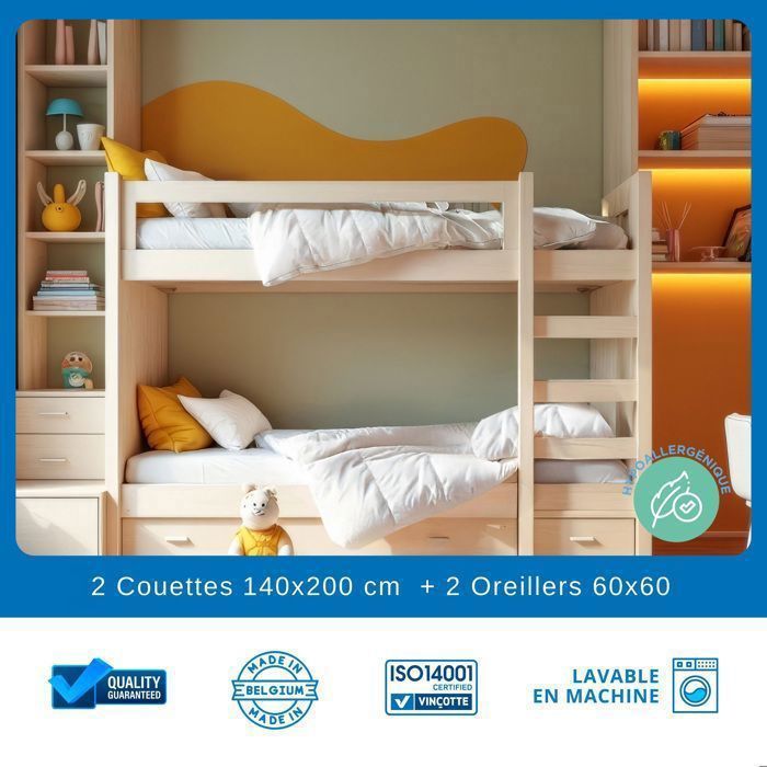 Conjunto Duplo – 2 Edredons 140x200 cm Azul Lua - Branco + 2 Travesseiros 60x60 cm - Fabricado na Bélgica