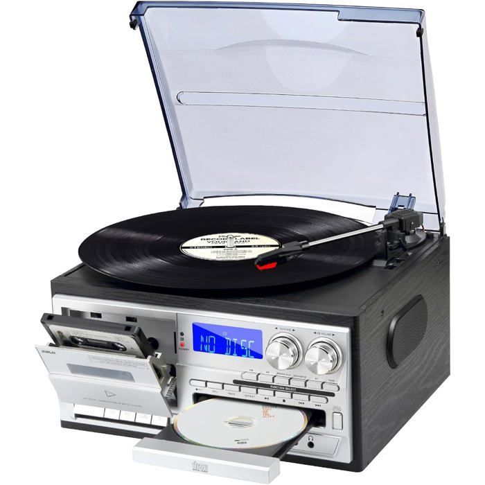 Giradischi Bluetooth 9 in 1, 3 velocità, altoparlanti integrati, CD/Cassette/Radio, USB/SD/Micro Aux/RCA, nero