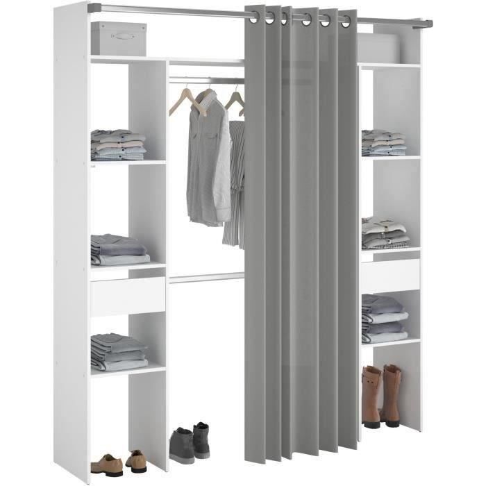 Dressing double ARTIC - L176 x P48 x H202 cm - Blanc + rideau gris - Made in France
