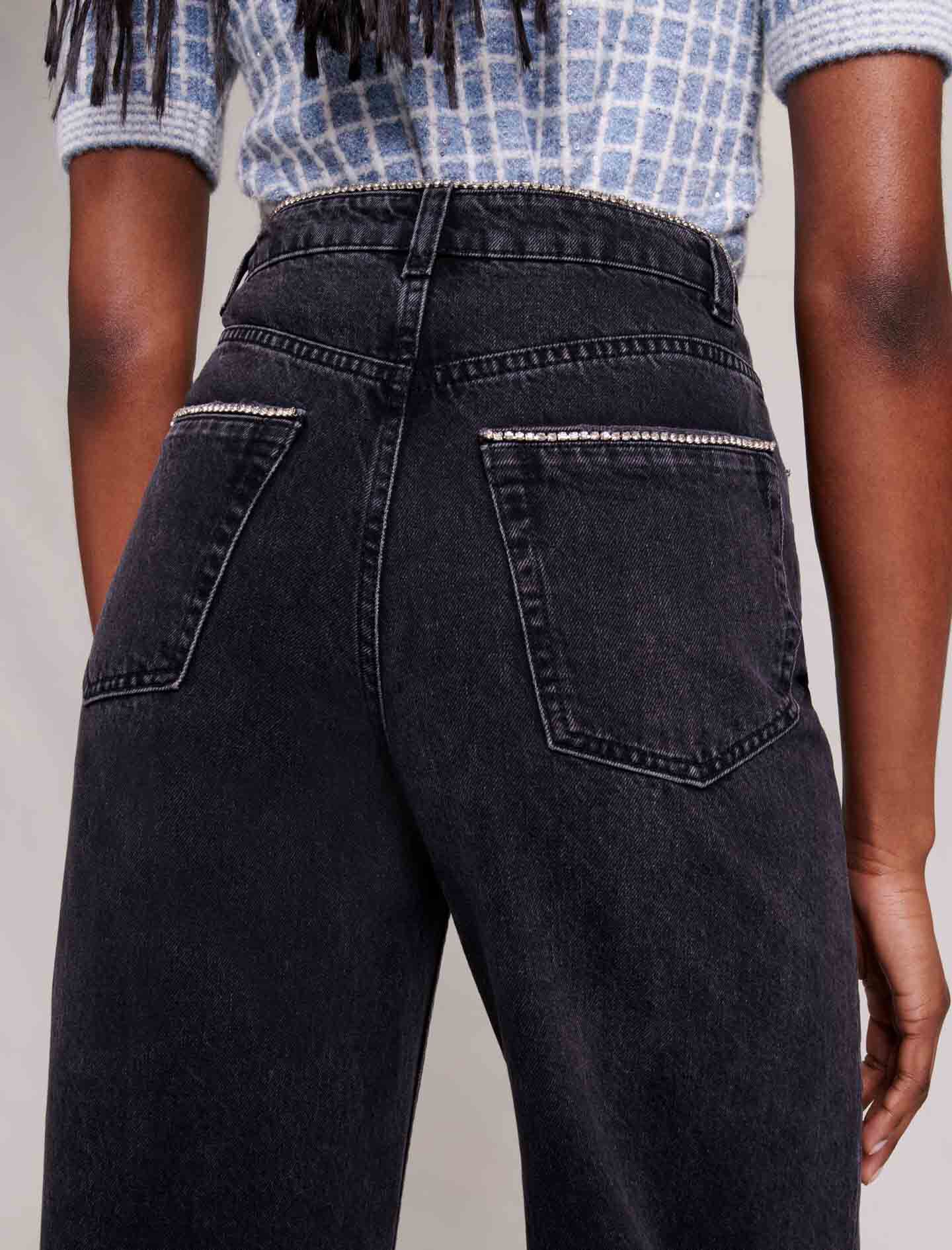 Jeans met wijde pijpen en strass-steentjes - Zwart